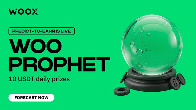 The image features a green background with white text that reads "Woo Prophet" followed by a list of prizes for participating in the Woo Prophet challenge, including USDT daily prizes. The text also mentions that there are two winners of the challenge each day.