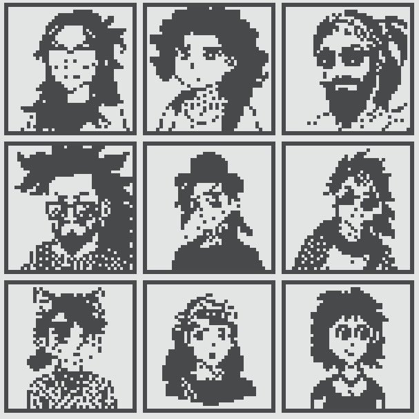 Grid of nine black-and-white pixel art portraits depicting various characters' faces and shoulders in a retro, monochromatic style.