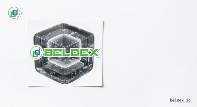 The image shows a Beldex logo overlaid on a 3D transparent cube graphic with internal circuitry patterns, displayed on a light background with the "beldex.io" web address in the bottom right corner. The visual represents the technical, block-based architecture of the Beldex network referenced in the post, illustrating the structured consensus process where masternodes form a Proof-of-Service quorum to validate blocks.