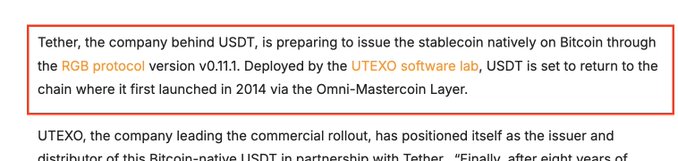 Article excerpt with a red-bordered paragraph stating that Tether (USDT) is preparing to issue natively on Bitcoin via the RGB protocol version v0.11.1 deployed by UTEXO software lab, marking USDT's return to Bitcoin's Omni-Mastercoin Layer.