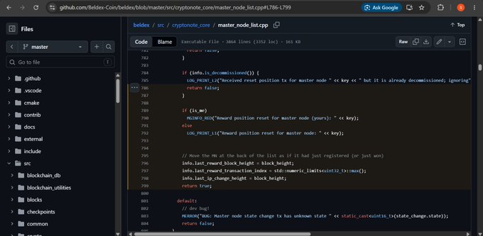 Screenshot of GitHub code repository for Beldex, showing the source file 'node_list.cpp' within the 'cryptonote_core' directory.