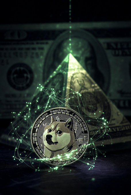 A Shiba Inu cryptocurrency coin floats in front of a pyramid and US dollar bills, surrounded by glowing green digital network connections.