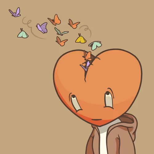 An illustrated character with an orange heart-shaped head wearing a brown hoodie, with colorful butterflies flying out from a crack on top of their head.