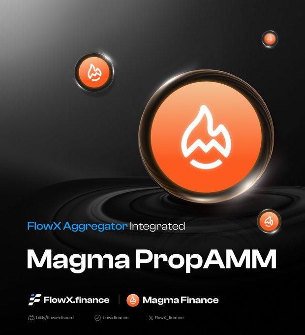 The image features an advertisement for Magma PropAMM, which is a tool that helps traders manage their capital effectively during a bear market. The background of the image is black with white text, making the orange logo stand out prominently. Below the logo, there are three circles containing the words "flowx", "aggregator integrated", and "magma propamm". These words describe the purpose of Magma PropAMM and its integration into flowx finance. The post also mentions that price may be going down but liquidity is increasing on the network, which suggests that more capital is landing on the network every day.