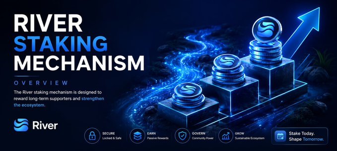 Promotional banner for 'RIVER STAKING MECHANISM' with an overview section, featuring blue glowing token stacks and an upward arrow, with icons highlighting Secure, Earn Passive Rewards, Govern, and Grow features, plus a 'Stake Today. Shape Tomorrow.' call-to-action.