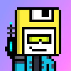 A pixel art character with a yellow helmet/headpiece, green visor, and teal armor against a purple background.