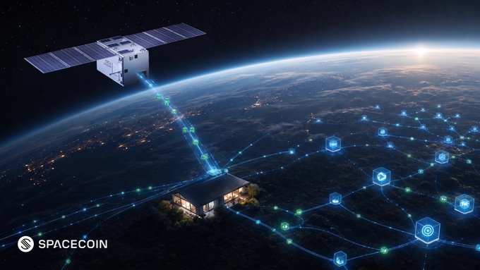 The image depicts a satellite connected to a house via a network of glowing lines and icons, representing Spacecoin's expansion from satellite infrastructure to AI agents. The Spacecoin logo is visible in the bottom left corner.