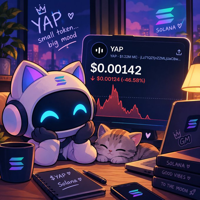 An AI-generated illustration of a Solana-themed cat character wearing headphones looking at a chart showing the YAP token priced at $0.00142, down $0.00124 (-46.58%), with text reading "YAP small token... big mood" and Solana-branded items like a mug, notebook, and laptop.