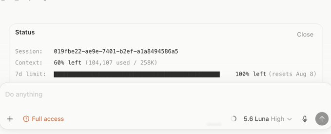 A status panel showing 60% context left (104,107 used of 258K) and 100% on the 7d limit (resets Aug 8), with the user using the "5.6 Luna High" model—visually confirming the poster's claim that their usage bar hasn't budged despite working for an hour.