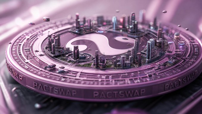 A 3D digital rendering of a large purple cryptocurrency coin labeled 'PACTSWAP' featuring a futuristic city skyline built into its top surface, with small cars and flying vehicles around it.