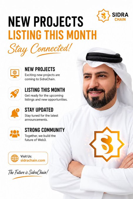 A promotional poster for Sidra Chain featuring a smiling man in traditional Arab attire, advertising new project listings for the month with the tagline 'The Future is SidraChain!'.