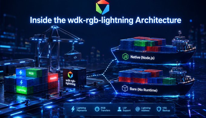 A technical diagram titled 'Inside the wdk-rgb-lightning Architecture' illustrating a Node.js native implementation alongside a no-runtime Bare version, featuring Lightning Payments, RGB Transfers, LSP Support, Lightning Address, and VSS Backup components.