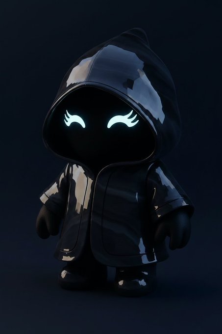 A glossy black hooded figurine with glowing teal crescent-shaped eyes stands against a dark background, matching the "Rise From the Shadows" #475 MYO collectible described in the post. The shadowy aesthetic and luminous eyes reflect the artwork's mysterious "Ultra Rare" theme with its high rarity score of 1203.32.