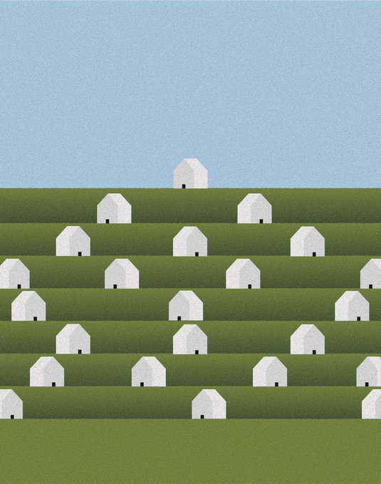 The image features a digital illustration of a hillside with numerous white houses scattered across it, creating an impressionistic scene. The houses are depicted as small, square-shaped structures that appear to be made from paper or cardboard. They are arranged in various positions on the hillside, giving the impression of a vast and expansive landscape. The image is titled "Ville of Dreams" and has been posted online for sale at eBay.