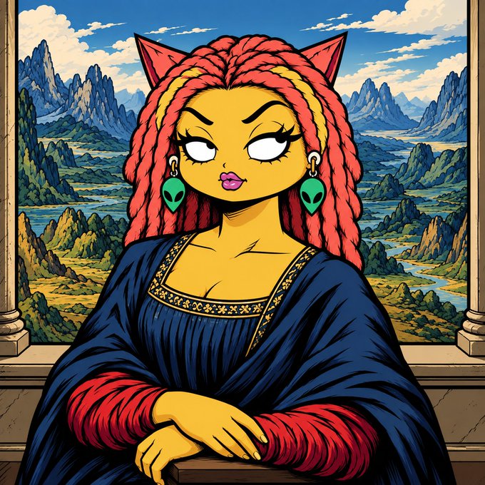 A stylized comic-book-style illustration of a yellow-skinned cat-like character with red dreadlocks, alien earrings, and a blue dress, posed like the Mona Lisa.