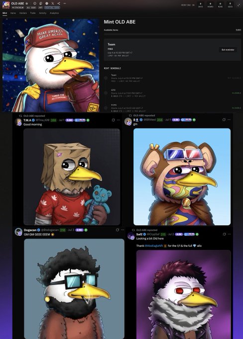 A webpage for the 'Mint OLD ABE' NFT collection featuring various bird characters with different outfits and accessories, including one wearing a 'Make America Great Again' hat, displayed as NFT profile pictures.
