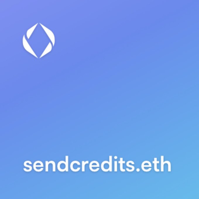 A minimalist blue gradient graphic displays a white logo above the text 'sendcredits.eth'.