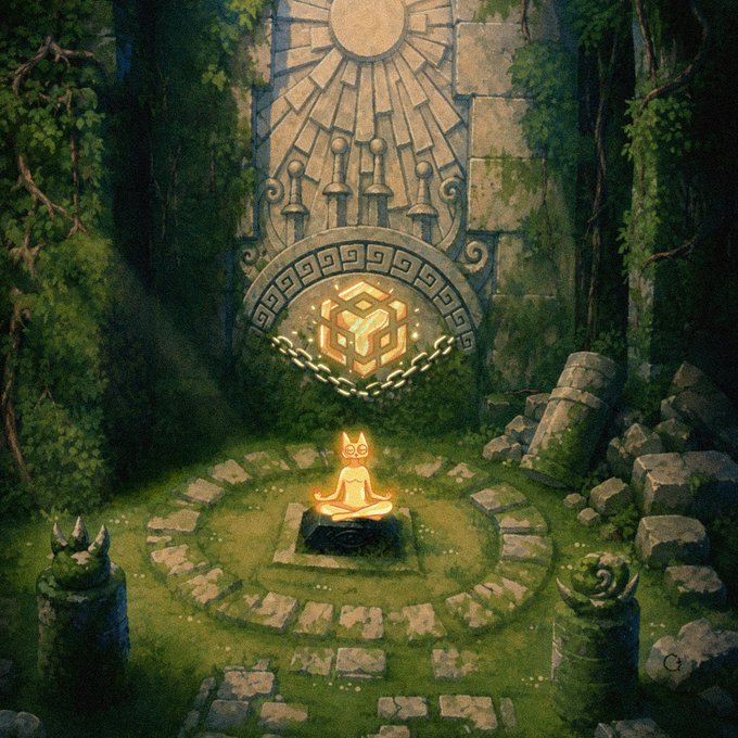 A mystical fantasy artwork depicts a glowing cat-like figure meditating in lotus position on a stone pedestal within an ancient overgrown ruin, beneath an illuminated BNB (Binance) logo chained to an archway in a sunlit forest.