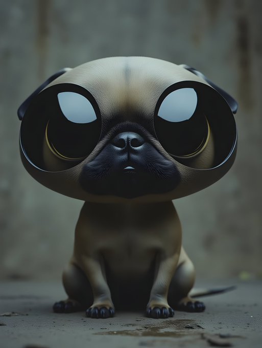A stylized 3D render of a small pug with disproportionately large, reflective black eyes, sitting against a blurred grey background.