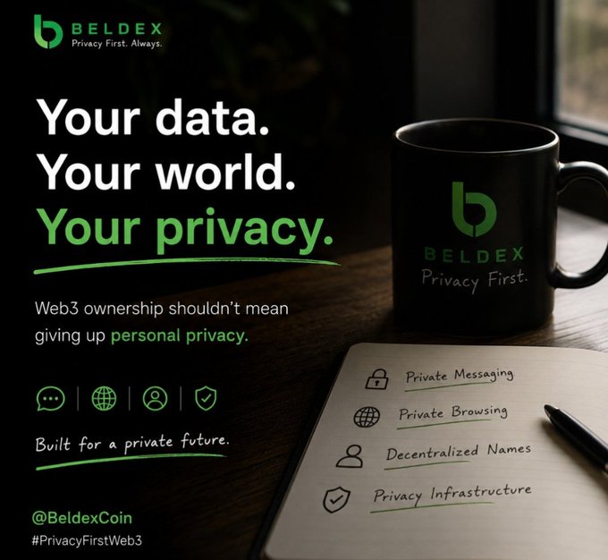 A promotional graphic for 'BELDEX' with the tagline 'Privacy First. Always.' and the text 'Your data. Your world. Your privacy.' and '#PrivacyFirstWeb3 @BeldexCoin', featuring a mug and a notepad listing features like 'Private Messaging' and 'Private Browsing'.