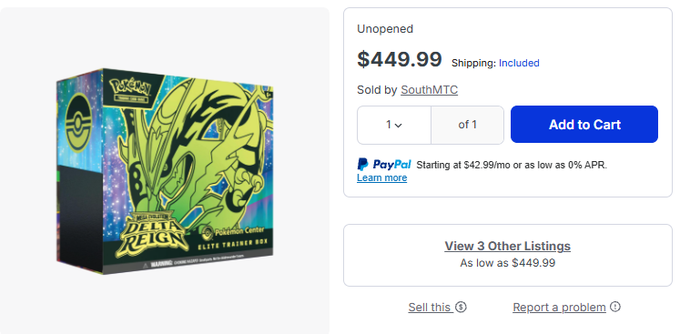 An eBay listing shows a Pokemon TCG: Scarlet & Violet "Deoxys ex & Rayquaza ex" Elite Trainer Box (DELTA REIGN) sold for $449.99 by SouthMTC.