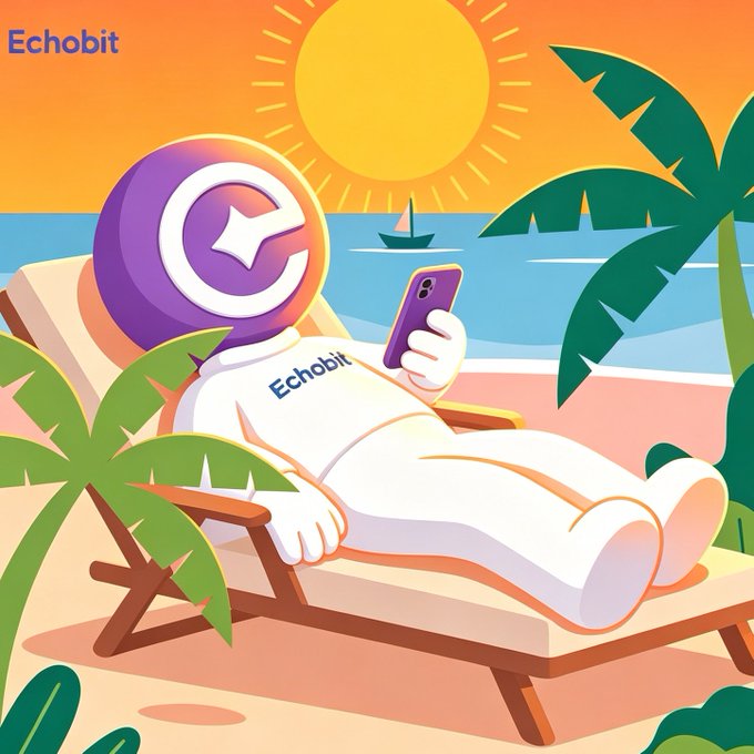 An illustration of a white cartoon mascot with a purple "C" coin for a head, lounging on a beach chair and holding a smartphone, with the "Echobit" logo in the top left corner.