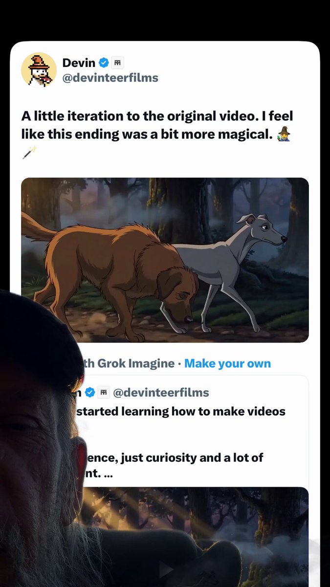The image shows a person's face with their head turned away from the camera, while they are looking at a cell phone screen displaying a social media post. The post features two images of dogs - one brown dog and one gray dog. The caption on the post reads "A littleiteration to the original video: I feel like this ending was a bit more magical."