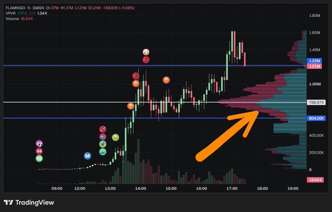 A TradingView chart of FLAMINGO showing a 5-minute candlestick view with a large orange arrow pointing to the VPVR (Volume Profile Visible Range) indicator on the right side, highlighting key volume levels at 1.22M, 788.67K, and 604.00K against a price of 1.34K.
