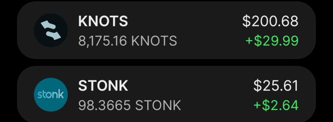 A dark-themed cryptocurrency portfolio display showing KNOTS at $200.68 (+$29.99) with 8,175.16 KNOTS, and STONK at $25.61 (+$2.64) with 98.3665 STONK.