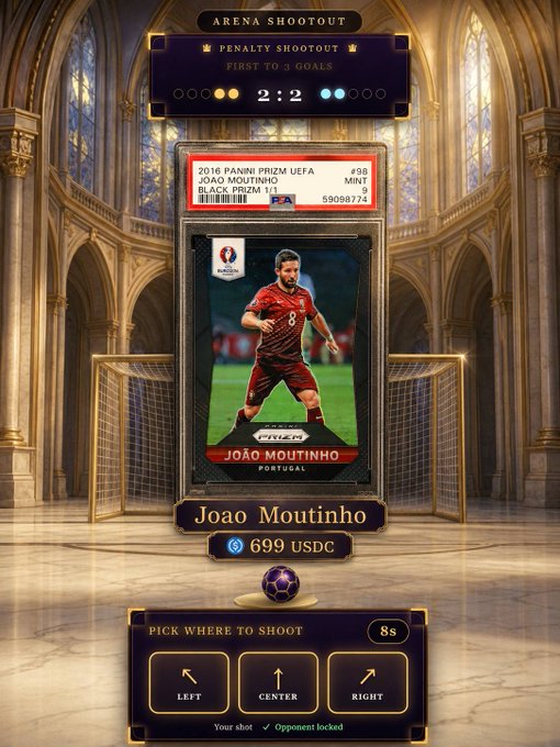 Penalty shootout game screen featuring a 2016 Panini Prizm UEFA Joao Moutinho Black Prizm #/1 card valued at 699 USDC, with options to shoot Left, Center, or Right.