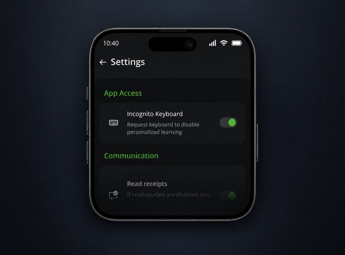 The image shows a smartphone displaying a Settings menu with toggles for "Incognito Keyboard" (Request keyboard to disable personalized learning) and "Read receipts," emphasizing privacy controls. 

This ties into the post's theme of privacy in finance: just as users disable features like personalized learning and read receipts to prevent data leakage, the post argues institutions avoid DeFi because transparent ledgers similarly expose sensitive financial information to predators and front-runners.