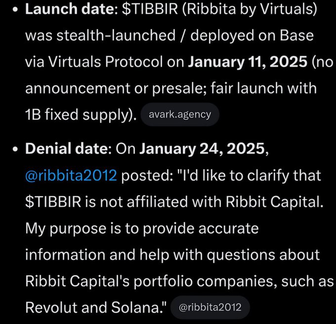 Text detailing $TIBBIR (Ribbita by Virtuals) token launch on January 11, 2025 via Virtuals Protocol on Base, and a denial statement on January 24, 2025 by @ribbita2012 clarifying no affiliation with Ribbit Capital.