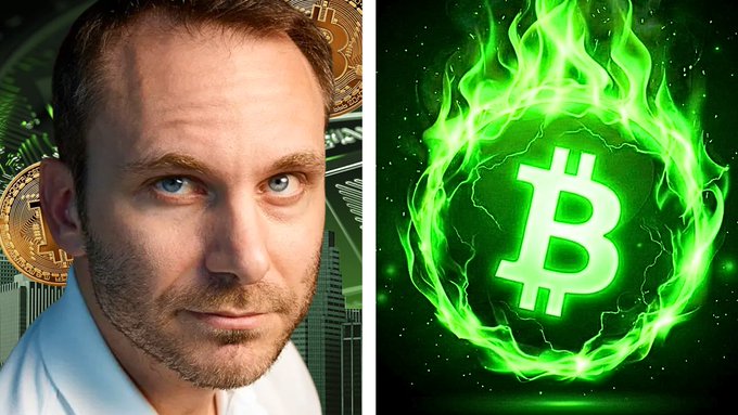 A split image showing a man's face on the left with Bitcoin coins in the background, and a glowing green Bitcoin logo surrounded by flames on the right.