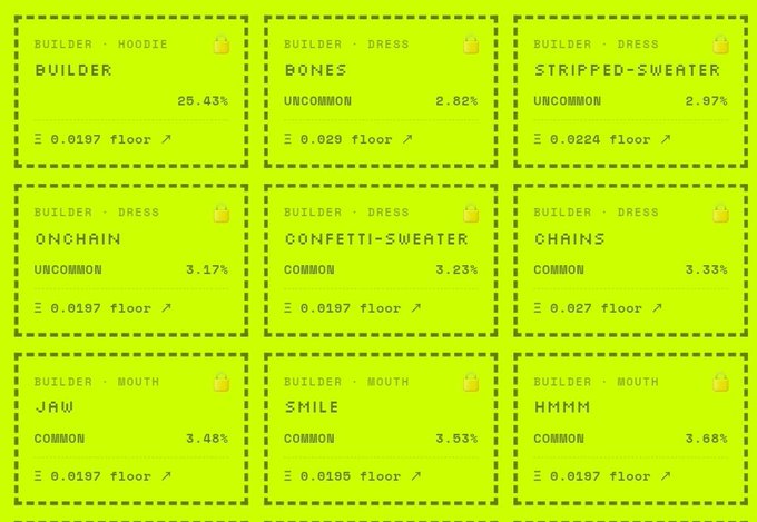 Grid of neon green NFT trait cards displaying various BUILDER attributes (Hoodie, Dress, Mouth) with rarity percentages and floor prices ranging from 0.0187 to 0.029 ETH.