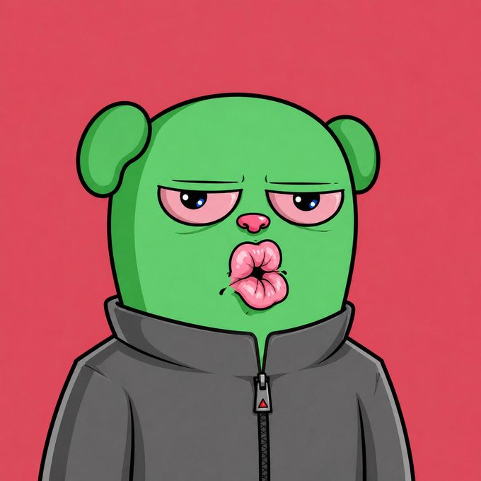A digital illustration of a character with a green, bear-like head, half-closed eyes, and puckered pink lips, wearing a grey zip-up jacket against a solid red background.