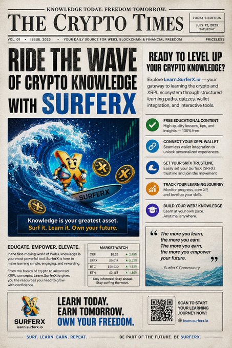 Advertisement for "The Crypto Times" newspaper (Vol. 01, Issue 2025) promoting SurfexX.io, an educational crypto learning platform with the tagline "Ride the Wave of Crypto Knowledge with SurfexX."