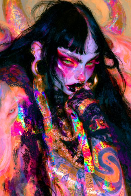 A vibrant, surreal digital painting of a pale-skinned female figure with dark hair, glowing green eyes, gold hoop earrings, and intricate tattoos, rendered in a chaotic mix of neon pinks, purples, and greens.