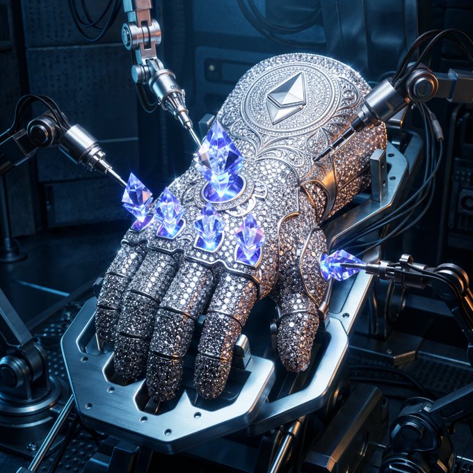 A jewel-encrusted metallic hand featuring the Ethereum logo being examined by precision robotic arms, symbolizing the craftsmanship and inevitable rise of blockchain technology, tying into the #believeinsomETHing tagline.