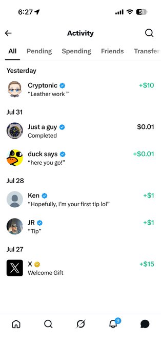 A screenshot of an "Activity" page on a mobile app showing received tips, including a recent $10 tip from "Cryptotic" for "Leather work" and other smaller tips from users like "Just a guy," "duck says," "Ken," "JR," and "X" totaling $26.02. The image directly supports the post by visually confirming the $10 tip from Cryptotic that was being publicly thanked.