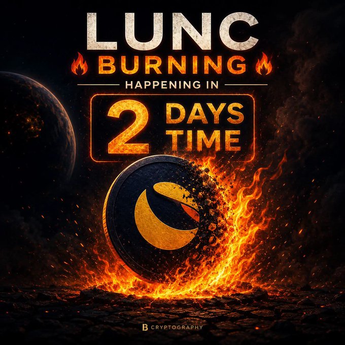 A dramatic space-themed promotional graphic features a burning LUNC coin amid flames and rocky terrain, with bold text reading "LUNC BURNING HAPPENING IN 2 DAYS TIME" to remind the crypto community of the upcoming token burn event.