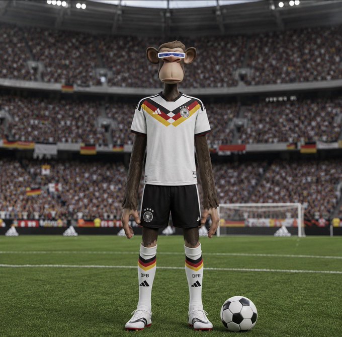 The image features a cartoon monkey standing on a soccer field, holding a soccer ball. The background of the image shows a packed stadium filled with spectators watching the game. The caption for the image reads "Thrilled that the World Cup finally starts today! Where my apes at?" and "@BoredApeYC". This post seems to be related to the monkey's presence in the image, as it is likely intended to draw attention to the amusing cartoon character standing on a soccer field.