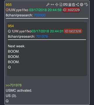 A terminal window with dark mode showing channel "qresearch" messages, including a user exclaiming "BOOM" multiple times and a command output of "USMC activated."