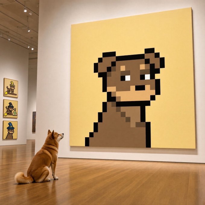 A Shiba Inu dog sits on a wooden floor in an art gallery, looking up at a large pixel-art painting of a brown dog-like character, with smaller pixel-art works displayed on the adjacent wall.