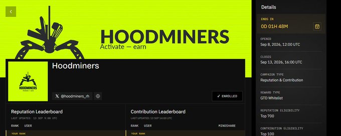 A screenshot of a crypto project called 'Hoodminers' with the tagline 'Activate - earn' displays a leaderboard interface and details showing an airdrop ending in 0D 01H 48M with top 700 reputation eligibility.
