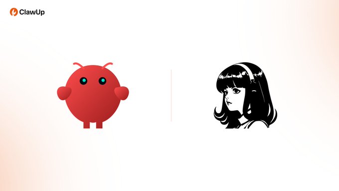 The image shows a side-by-side comparison on ClawUp's platform, featuring a red cartoonish round character with antennae (representing OpenClaw) on the left and a stylized black-and-white illustration of a girl with long hair and a headband (representing Hermes Agent) on the right. The "ClawUp" logo with an orange flame icon appears in the top-left corner, visually illustrating the post's message that users can run both agents simultaneously rather than choosing between them.