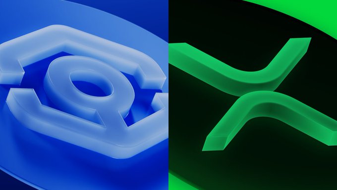A split image shows the light blue 3D Ankr logo on the left and a glowing green XRP logo on the right, visually representing the integration between Ankr's public RPC service and the XRP Ledger (XRPL). The two logos side by side illustrate the partnership that enables developers to access XRPL features like payment channels and DEX without setting up their own nodes.