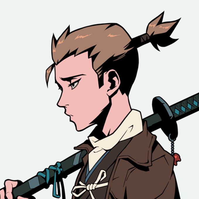 A digital anime-style illustration of a character in profile with short brown hair tied in a small ponytail, carrying a katana on their back.
