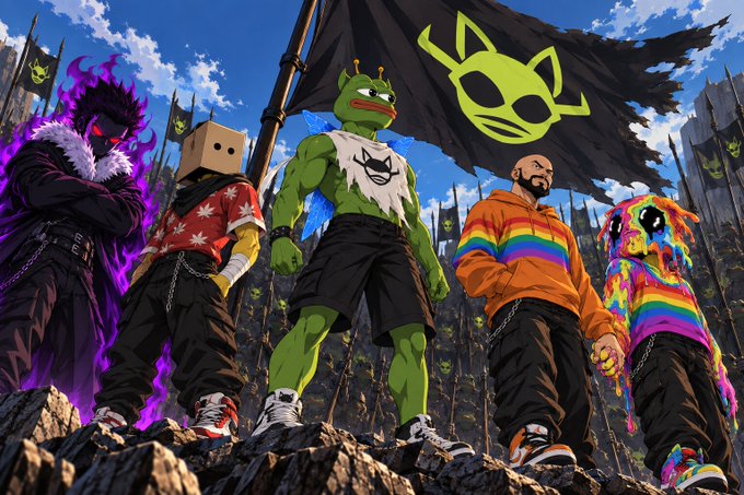 An anime-style group of five characters, including a green frog-like figure with antennae, standing on a rocky terrain with black flags featuring a green alien face logo flying behind them.