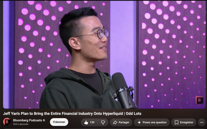 A man with glasses smiles while being interviewed on the Bloomberg Podcast, with the title "Jeff Yan's Plan to Bring the Entire Financial Industry Onto Hyperliquid | Odd Lots" displayed at the bottom. The image relates to the post discussing Jeff Yan's (Hyperliquid founder) apparent reluctance to address potential future $HYPE token airdrops, suggesting either user farming intentions or another drop announcement.