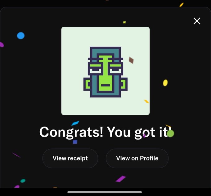 A digital popup notification featuring a pixel-art mask icon and the message 'Congrats! You got it!' with buttons to view the receipt or profile.